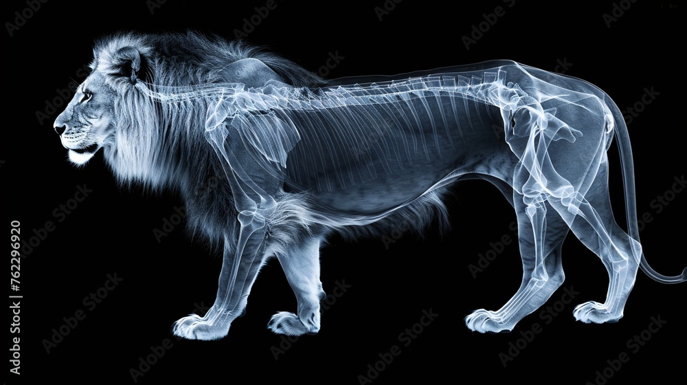 Fototapeta premium Skeletal Majesty: The Lion’s Inner Strength Revealed. Artistic X-Ray.