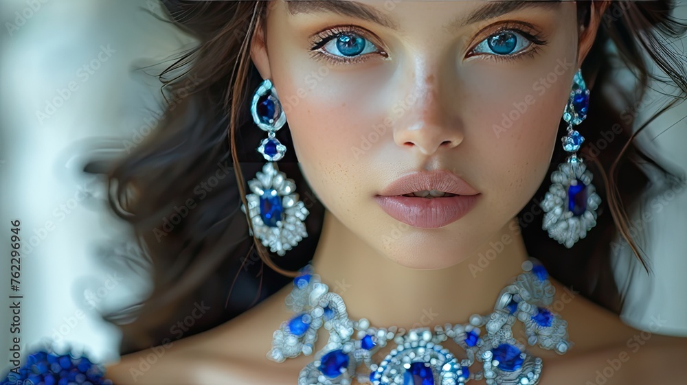 Fototapeta premium a stunning woman in extravagant attire, her ensemble elevated by the brilliance of a sapphire pendant, symbolizing beauty and luxury.