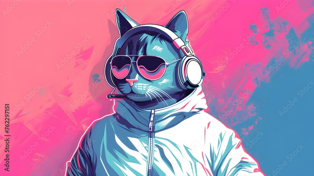 illustration of fantasy character with cat head in sunglasses and headphones wearing white jacket listening to music against pink and blue background 
