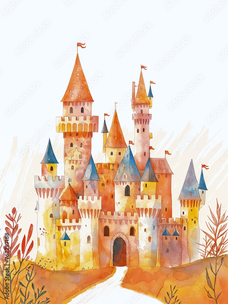 A detailed watercolor depiction of a castle featuring prominent turrets and architectural details.