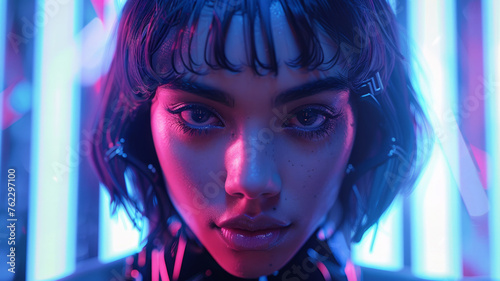 Portrait of a stylized young woman in neon lighting.