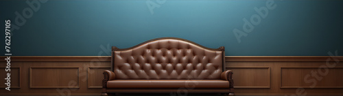 3D rendering of a vintage brown leather chesterfield sofa in a blue paneled room