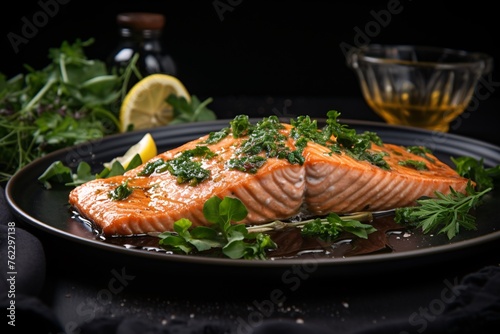 a plate of food with a piece of salmon and herbs