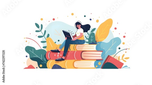 Girl sitting on pile of books. Concept illustration of online courses, distance studying, self education, digital library. E-learning banner. Online education. Vector illustration in flat style photo