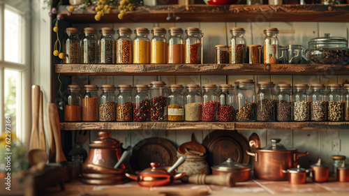 Pantry shelves with spice jars.