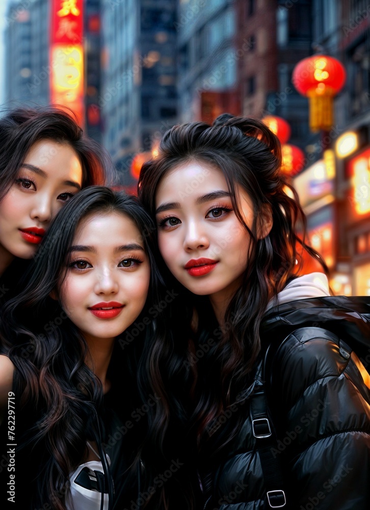 Young Chinese girls in the city. Walking around the city on a day off. Young Chinese girls in the city. Walking around the city on a day off.