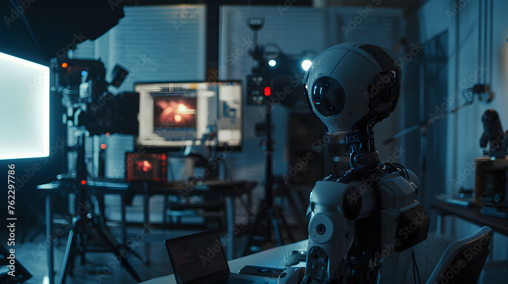 Innovative Filmmaking Technologies: Showcasing the Capabilities of Sora Text-to-Video AI in a State-of-the-Art Videography Studio, Featuring an Advanced Humanoid Robot Director