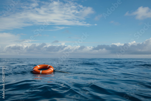 Safety equipment. Life buoy or rescue buoy floating on sea to rescue people. Generative AI