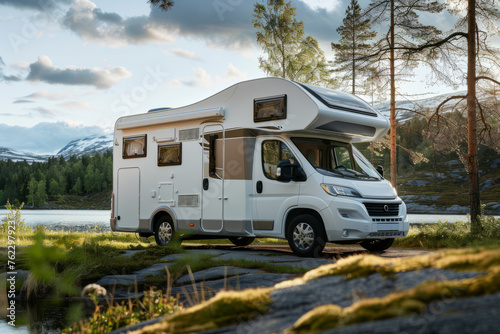 Modern white campervan at camping site in beautiful nature. Generative AI