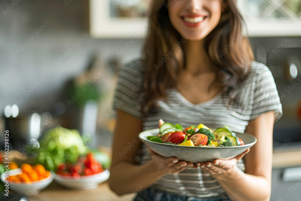 Woman eats healthy food. Generative AI Woman eats healthy food. Generative AI