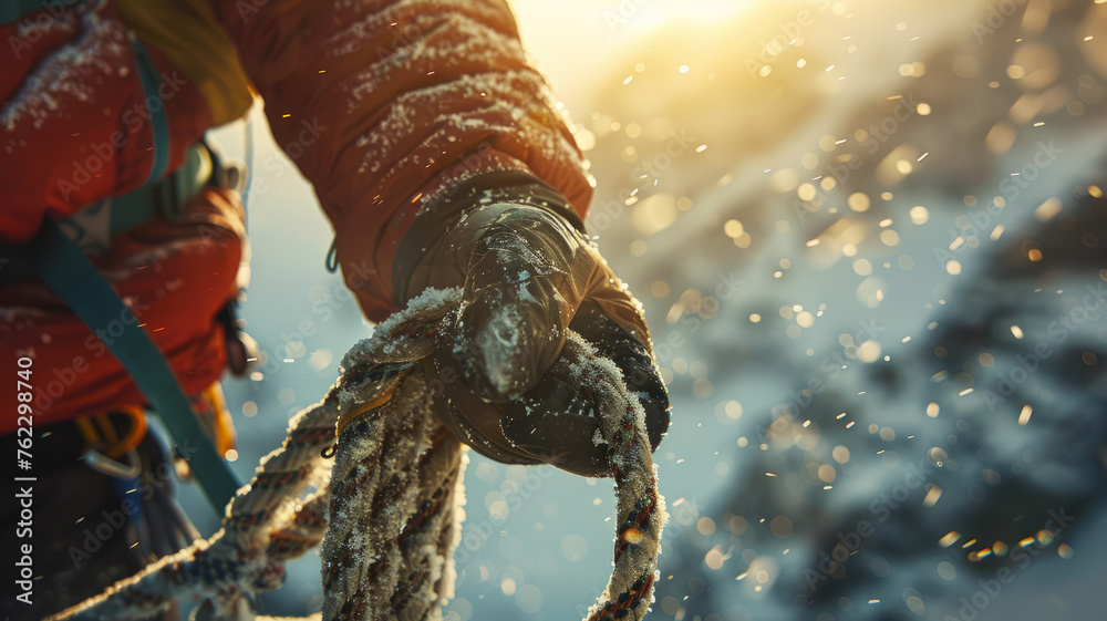 Person holding a rope in snowy conditions Person holding a rope in snowy conditions