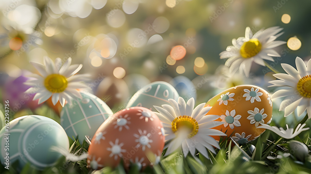 Joyous Easter Celebration: A Vibrant Scene of Colorful Eggs and Daisy Flowers on a Lush Meadow, Framed by the Majestic Beauty of the Sky Joyous Easter Celebration: A Vibrant Scene of Colorful Eggs and Daisy Flowers on a Lush Meadow, Framed by the Majestic Beauty of the Sky
