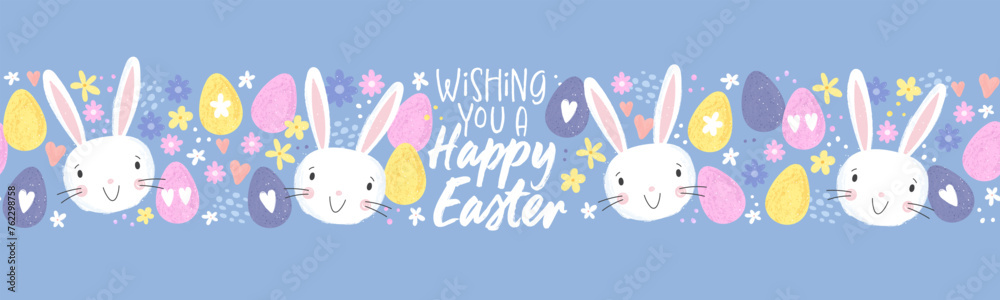 Obraz premium Easter concept with colourful eggs, cute bunnies and flowers. Horizontal Seamless pattern. Great for textiles, banners, wallpapers, wrapping - vector design