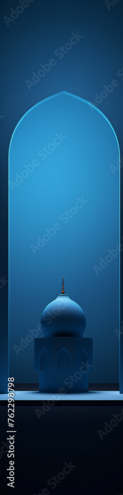 3D rendering of a blue mosque with golden accents in an archway.