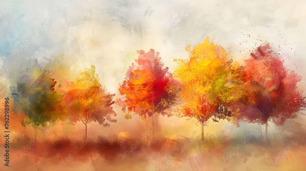 A Rainbow of Life: A Charming Scene of Colorful Trees and Cozy Houses Along a Picturesque Street A Rainbow of Life: A Charming Scene of Colorful Trees and Cozy Houses Along a Picturesque Street