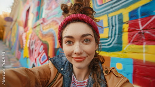 Young woman taking a selfie with colorful graffiti background