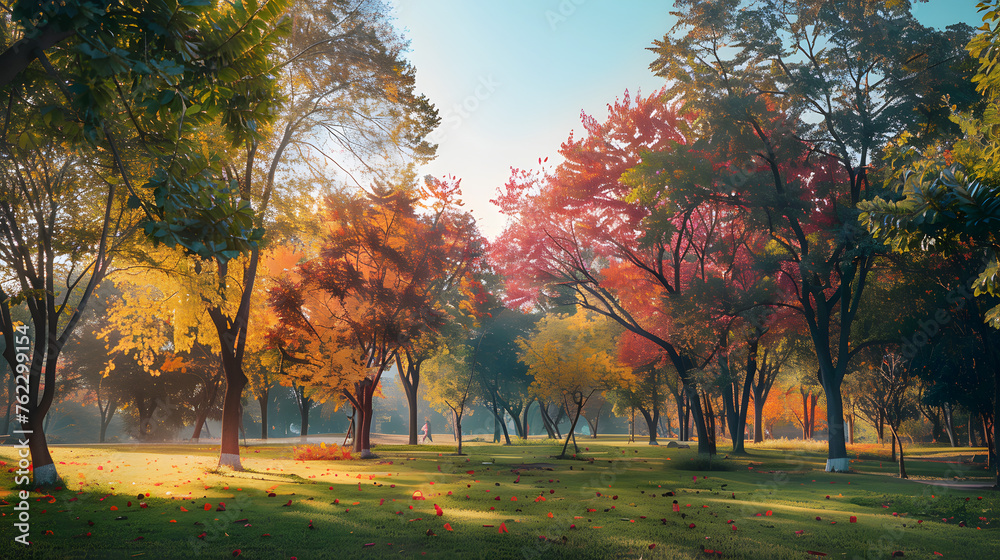 Naklejka premium Vibrant Streetscape: A Charming Scene of Colorful Trees and Cute Houses Along a Cozy Street