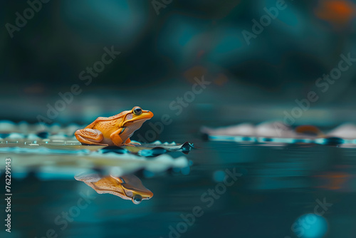 Froschidylle: Grüner Frosch ruht auf einem Seerosenblatt im Teich photo