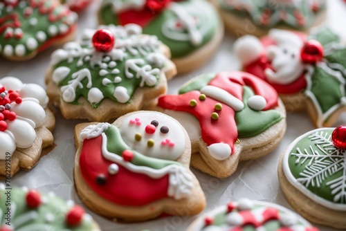 Detail decorating Christmas themed cookies with colored icing top