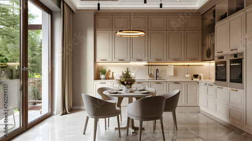 A Serene Beige Kitchen Haven: A Cozy Eating Space with Panoramic Window Offering a Glimpse of the World Outside photo