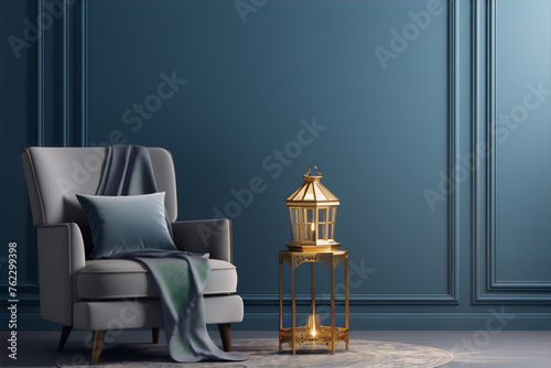 3D rendering of a luxurious armchair and table with a golden lantern in an elegant room with blue walls and a patterned rug.