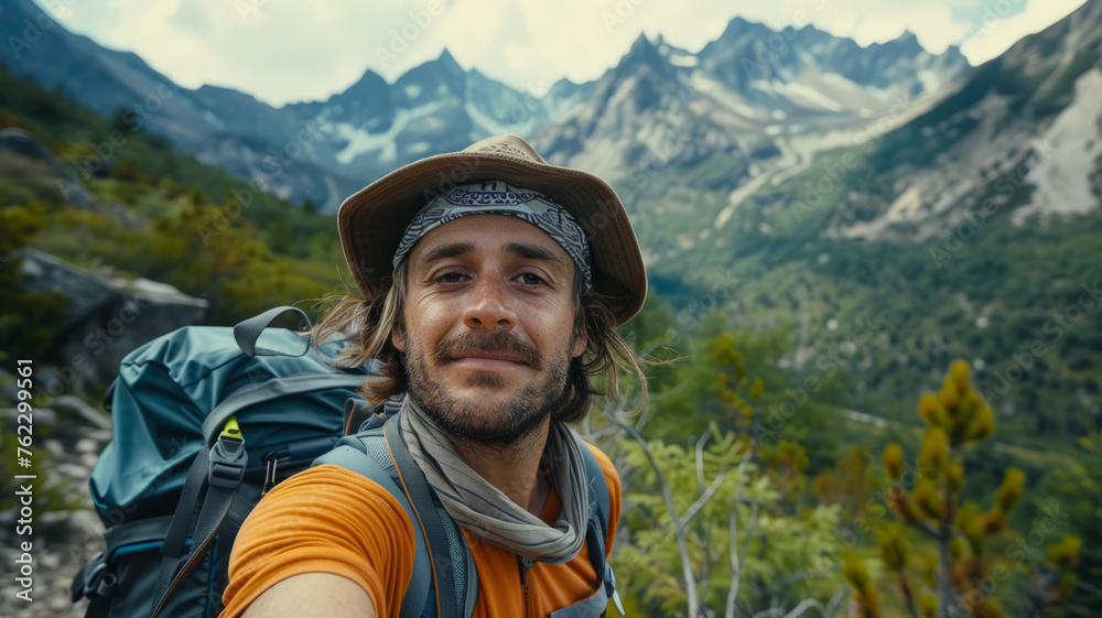 Young man taking a selfie while hiking Young man taking a selfie while hiking