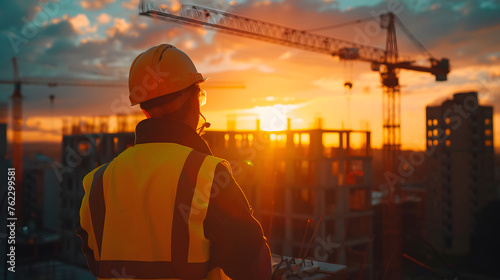 Construction Worker's Sunset Reflections: A Yellow-Helmeted Expert Amidst Cranes and Dusk at a Gigantic Building Site