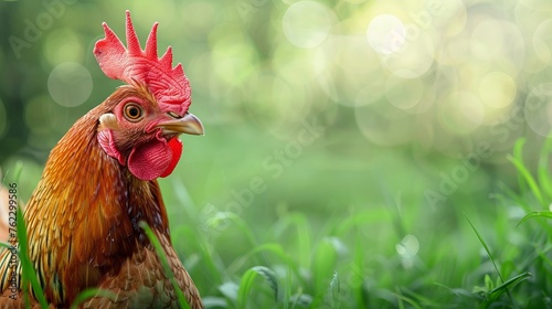 Close-up of a chicken with a red comb against a background of blurred green grass.