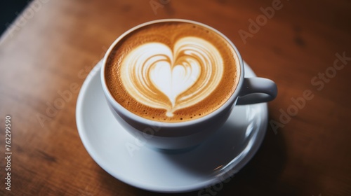 View of heart shaped latte art coffee in a mug Top view beautifully placed on table