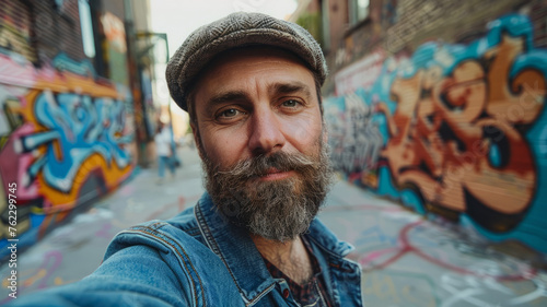 Man taking a selfie with graffiti background. © SashaMagic