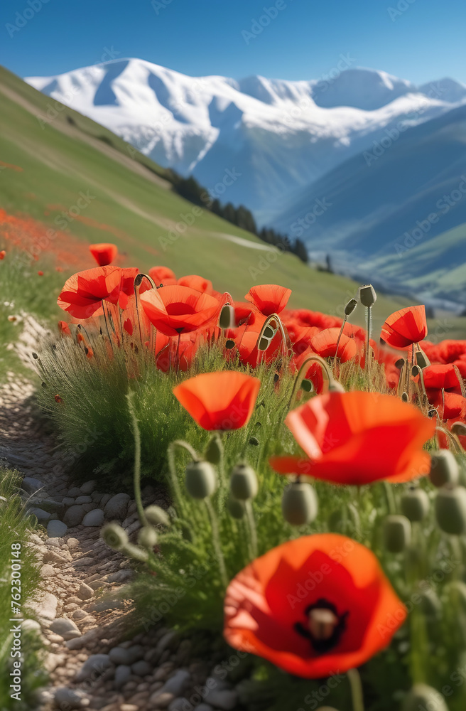 Red poppies in close-up, against the background of snow-capped mountains. Vertical format. Made by artificial intelligence. Wallpaper, screensaver, cover, greeting card. High quality photo