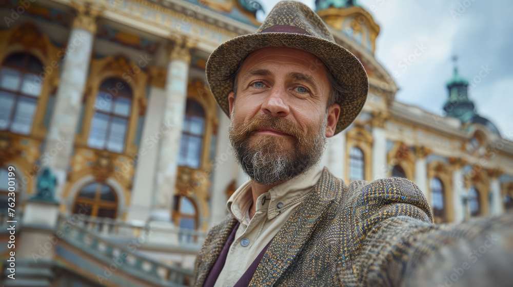Man taking a selfie in front of a building
