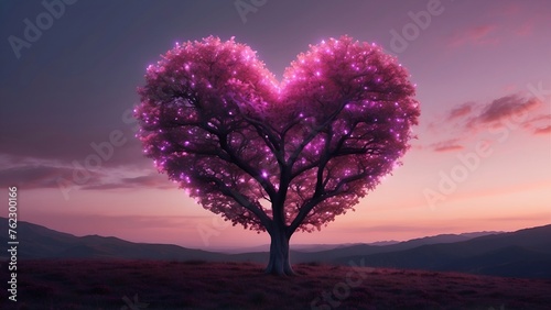 A heart shaped tree  pink clouds in the sky  romantic background.