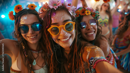 Three women at a festival taking a selfie.