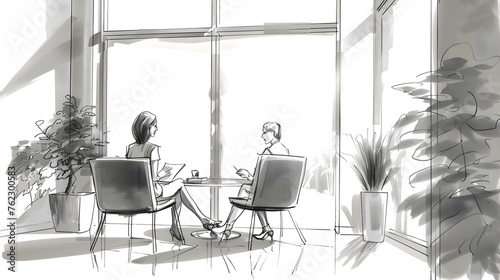 Presentation illustration drawing of lady discussing with a client in an office photo