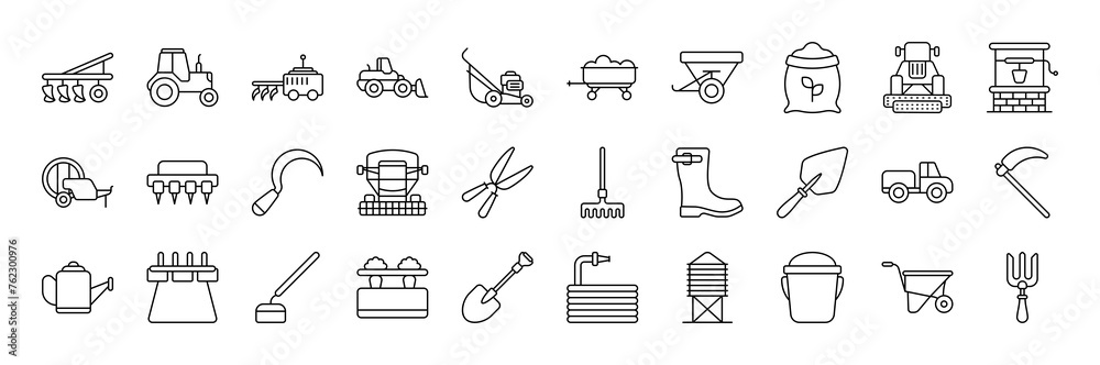 Farm Equipments vector thin line mini icons set. Thin simple outline icon collection. Farm Equipments vector thin line mini icons set. Thin simple outline icon collection.
