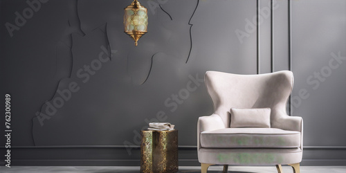 3D rendering of a minimalist living room interior with a gray wall, beige armchair, and golden table with books on it.