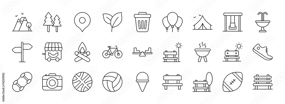 Park vector thin line mini icons set. Thin simple outline icon collection.