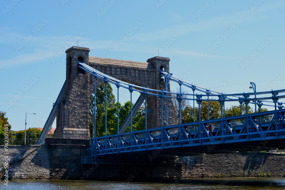 Fototapeta premium Grunwald Bridge, a suspension bridge over the river Oder in Wroclaw, Poland