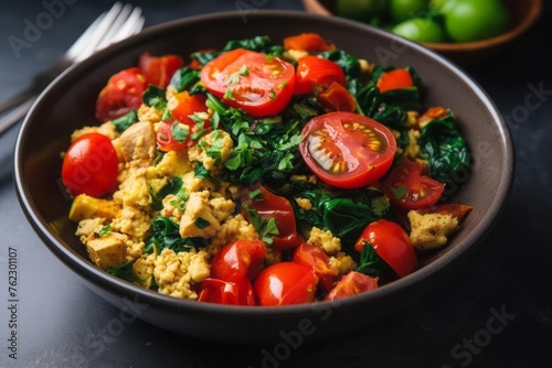 An ultra-satisfying tofu scramble with spinach and tomatoes. Perfect for breakfast, lunch or dinner.