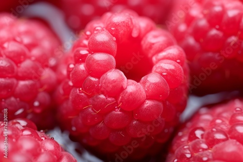Textured Macro raspberry closeup. Leaf berry. Generate Ai