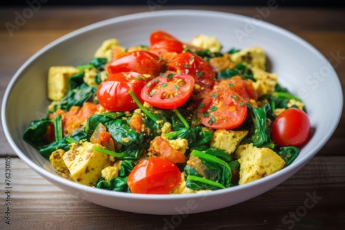 An ultra-satisfying tofu scramble with spinach and tomatoes. Perfect for breakfast  lunch or dinner.