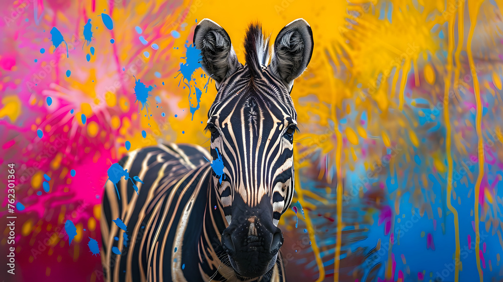 Fototapeta premium Vibrant Abstract Zebra: A Striking Artwork of a Colorful Zebra Amidst Splattered Paint Background