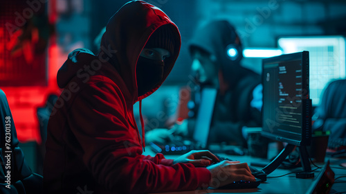 High-Tech Showdown: Red vs. Blue Hacker Teams in an Intense Cyber Security Battle Against Network Breaches on a Dark Background © Tharshan