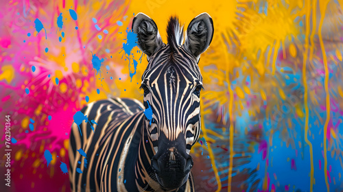Vibrant Abstract Zebra  A Striking Artwork of a Colorful Zebra Amidst Splattered Paint Background
