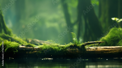 Mystical green moss covered tree trunk in the middle of a misty forest with a river flowing through it.