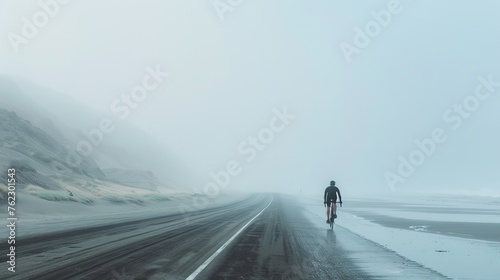 minimalist landscape, road beside beach, triathlete riding bike, centered in frame, fog and haze, copy and text space, 16:9 photo