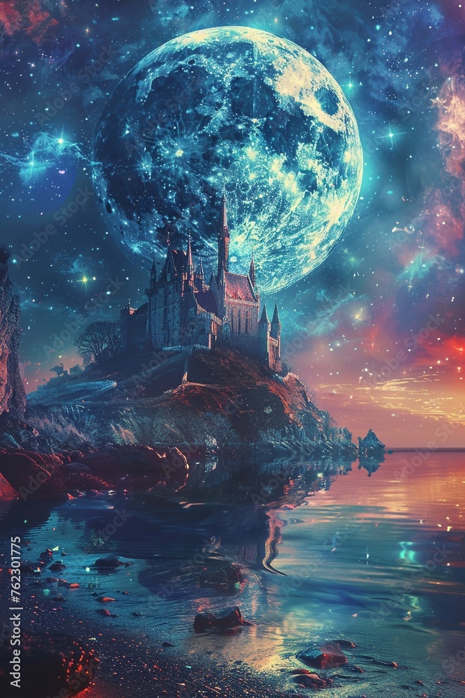 Vibrant fantasy castle on the moon wide lens radiant in cosmic landscape
