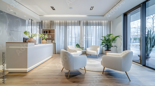 Sleek and Serene  A Modern Beauty Salon s Tranquil Ambiance with White Armchairs  Panoramic Window  and Mock-up Wall