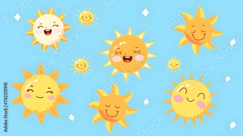 cute smiling suns with face. Funny childish suns in flat design. Childish sunshine emoji. Baby suns with sunbeams